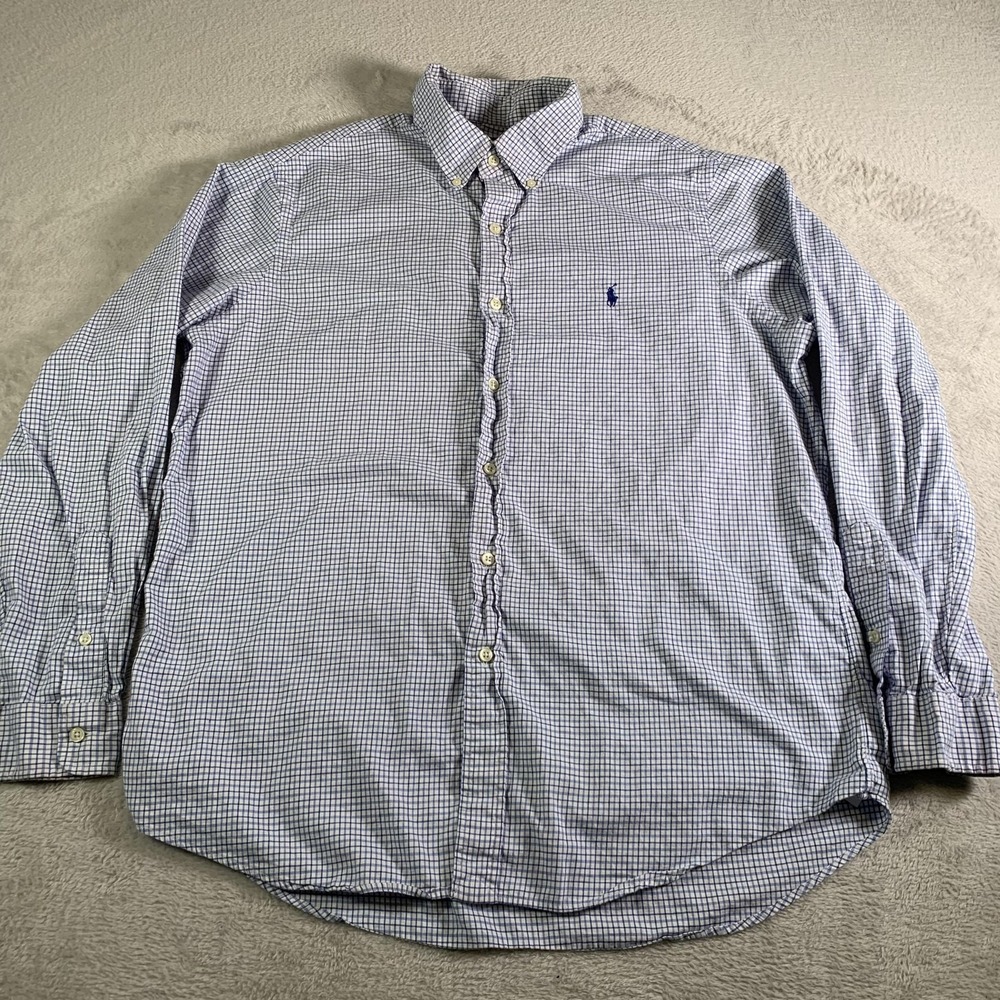 Ralph Lauren Shirt Mens Large Blue Check Button Down Long Sleeve Pony Cotton